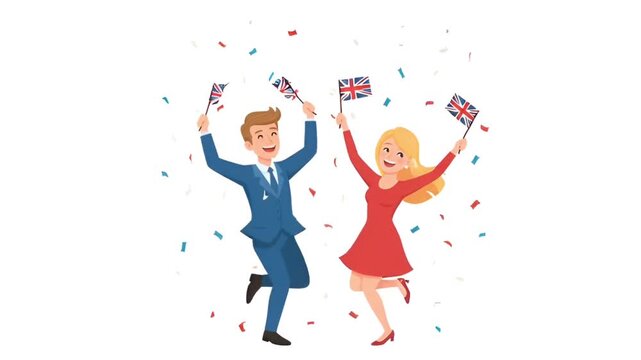 Celebrating couple waving British flags with confetti.
