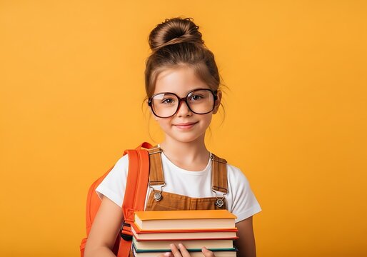 Young student with books and backpack ready for school