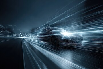 Abstract Digital Data Stream With Blue Tones and Light Trails Against a Dark Background