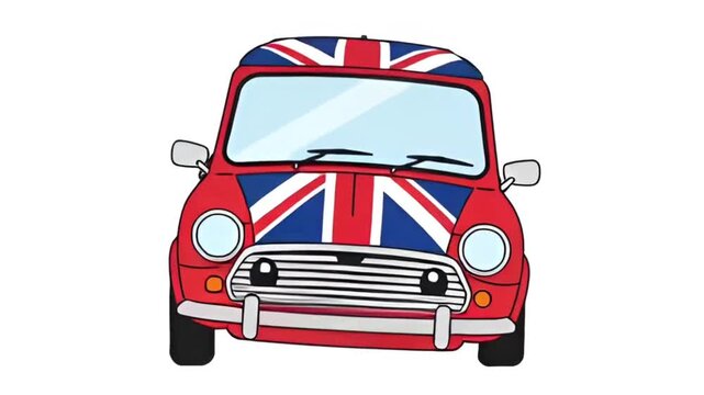 A cartoon illustration of a classic red Mini Cooper car with the Union Jack flag painted on its hood and roof, viewed from the front.