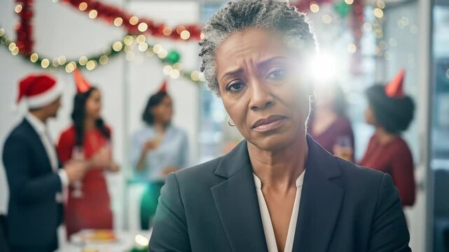 Sad mature African American businesswoman feeling lonely and excluded at a festive office Christmas party while colleagues celebrate in the background.