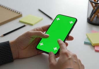 Close-up of hands holding and interacting with a smartphone's green screen.