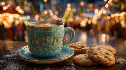 Merry Christmas and happy holidays, a cup of hot drink and cookies on the background of the lights of the Christmas market. AI design
