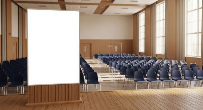 Interior view of an empty auditorium with rows of chairs and a blank display.