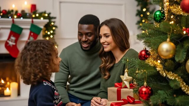 Happy mixed-race family decorating Christmas tree together, young girl hanging ornaments with parents smiling in background during festive holiday season