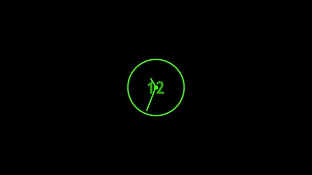 Abstract spinning clock icon animation on black background.12,Icon symbolizes hours, minutes, and time tracking. Clock visual highlights punctuality and time.4k