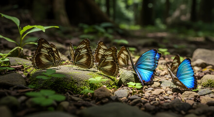 A group of vibrant blue morpho butterflies resting on the forest floor amongst rocks and foliage.