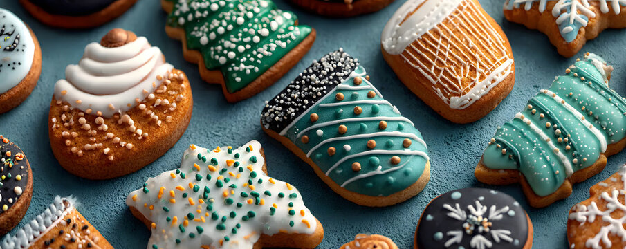 tasty decorated christmas cookies on blue background