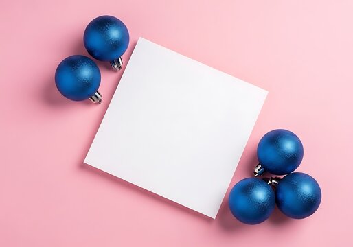 Festive blue ornaments and blank card on a soft pink background