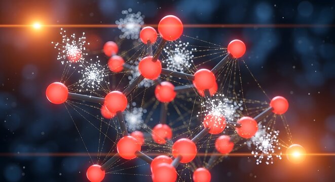 Abstract 3D Rendering of a Molecular Structure with Glowing Particles.