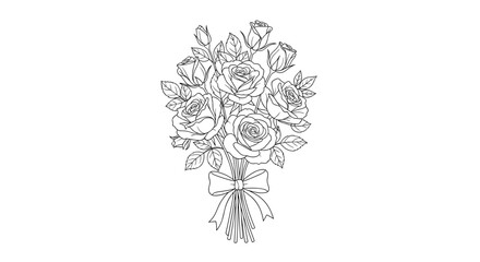 Outlined bouquet of roses tied with a bow and flowing ribbons down