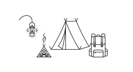 Illustration of a tent, campfire, lantern, and backpack in black outline