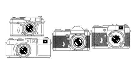 Illustration of four vintage cameras in a line art style on white background