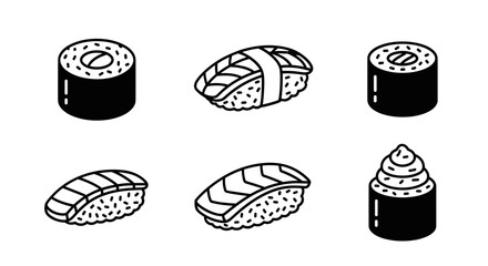 Illustration of six pieces of sushi in black and white line art style