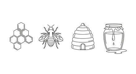 Illustration of honeycomb bee beehive and honey jar in black and white