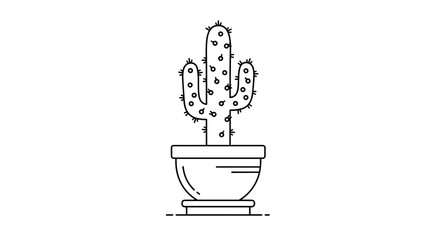 Illustration of a cactus with spines in a pot drawn with black lines