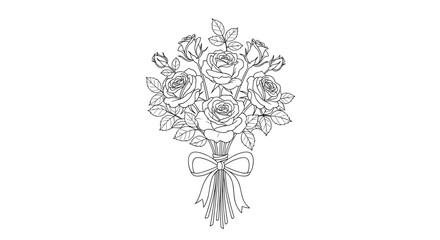 Detailed line art of a rose bouquet tied with a ribbon and leaves