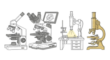 Illustration of four different types of microscopes in a row view