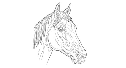 Detailed line drawing of a horse head with flowing mane and pointed ears