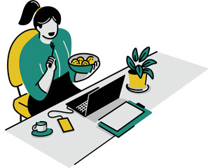 Illustration of Woman Eating Lunch at Desk