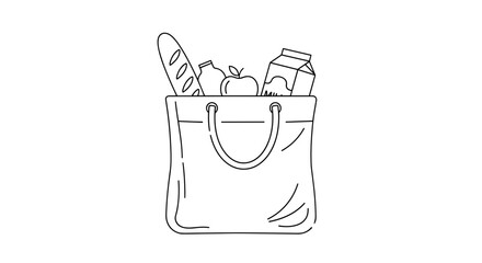 Sketch of a tote bag filled with groceries including bread and milk