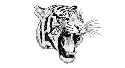 Illustration of a tiger head with an open mouth in black and white
