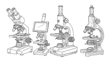 Illustration of four different microscope designs in black and white