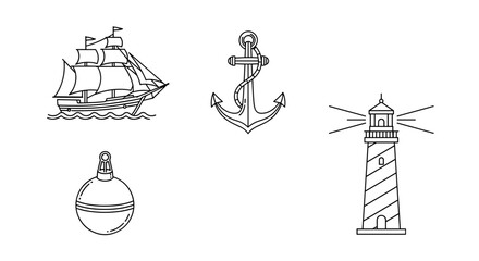 Illustration of a sailboat anchor buoy and lighthouse in black outline
