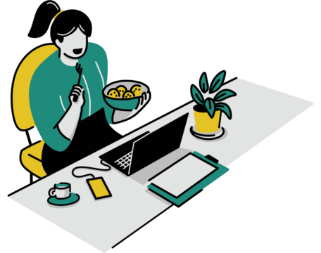 Illustration of Woman Eating Lunch at Desk