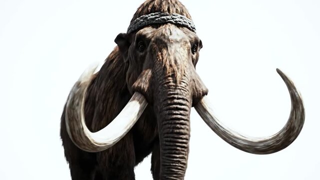 A close-up of a woolly mammoth. Its tusks are long and curved. Fur is brown