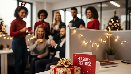 Happy diverse business colleagues celebrating Christmas holidays in a festive office, with a Season's Greetings card and gift on a desk - Powered by Adobe