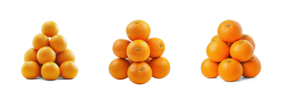 Collection of oranges stacked together, showcasing their bright, round shape. full length isolate on transparent background