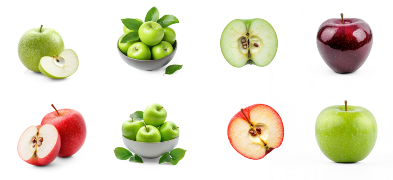 Collection of apple bitten into, revealing its fresh, white flesh. full length isolate on transparent background