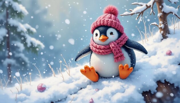 Cute penguin character in winter hat for Christmas greeting card and festive kids design