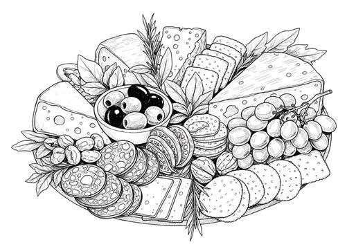 Charcuterie board sketch for restaurant menu design and gourmet food packaging