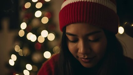Thoughtful young adult Asian woman in a red knit beanie and sweater, illuminated by warm, blurred Christmas tree lights in a cozy indoor setting.