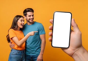 Excited couple reacts to content on a modern smartphone screen