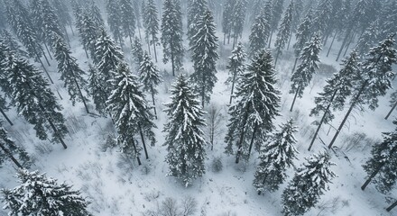 Drone view of trees swaying during silent blizzard for a moody winter background or film scene