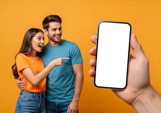 Excited couple reacts to content on a modern smartphone screen - Powered by Adobe