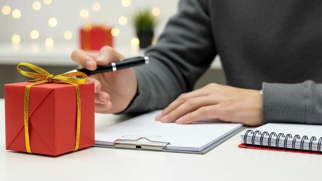 Adult man writing a holiday greeting card or thank you note with a pen, a wrapped red gift box on a white table with festive lights.