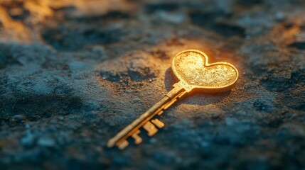 Golden Heart-Shaped Key Casting Shadow on Surface