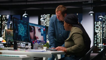 Multiethnic editors team using AI machine learning for editing content, neural networks chatbot helps editing new photos materials. Professional designers using digital software. Camera B. - Powered by Adobe