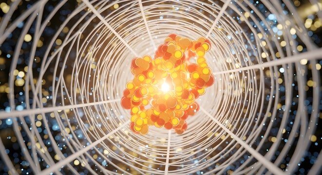 Abstract representation of a glowing nucleus or energy core with radiating lines.