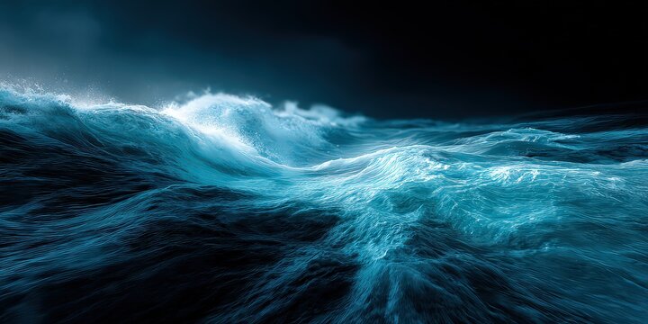 Abstract Blue Wave of Particles on Dark Background with Bright Illumination Highlighting Volume and Motion Suitable for Scientific Visualizations