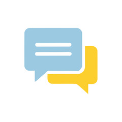 Two overlapping speech bubbles, one blue and one yellow, symbolizing communication and conversation.