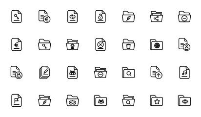 Files and folders icon set. Vector file and folder ions collection. Minimalistlinear icons pack. Include symbols for file, folder,document, directory, storae, data, system and more.