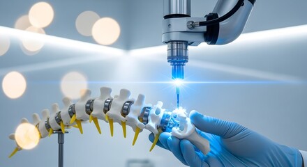 Advanced Robotic Surgery System Performing Precision Procedure on Spinal Model.