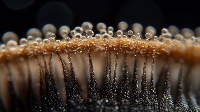 Lash follicle macro photography extreme closeup eyelash root structure water droplets natural hair formations artistic composition exceptional detail sharpness