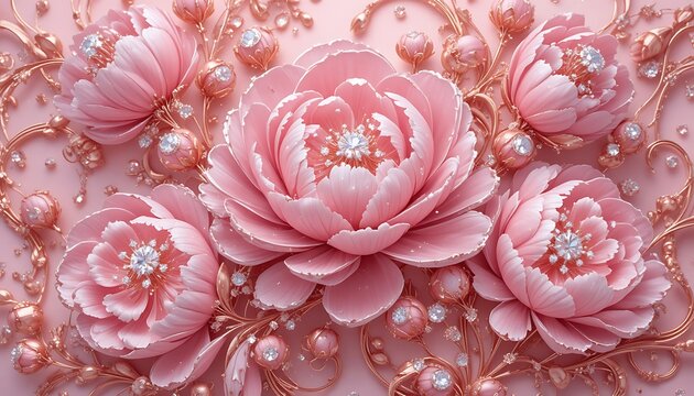 Luxurious Pink Peonies with Diamonds and Rose Gold Accents.