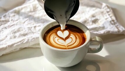 Pouring milk into coffee to create latte art, close-up of barista making heart shape on cappuccino.